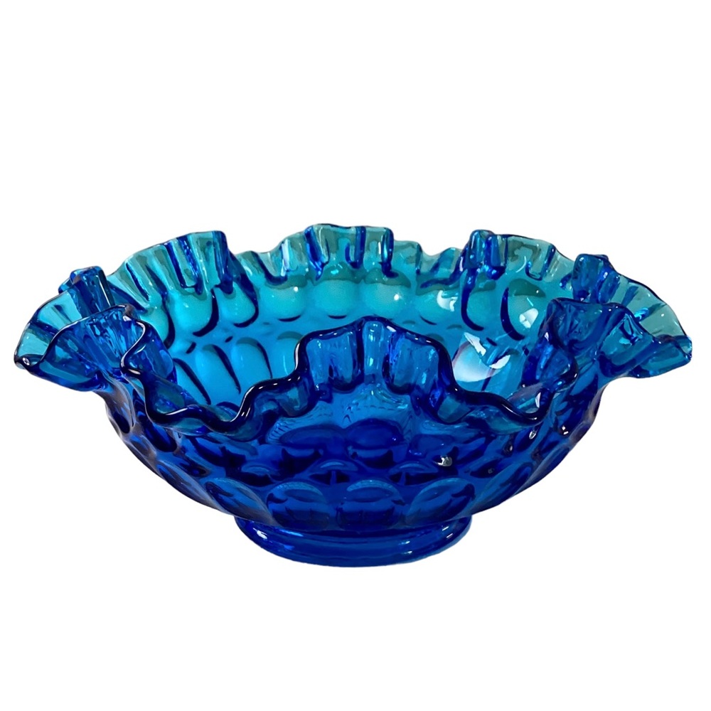 Fenton Crimped Thumbprint Ruffled Edge Colonial Blue Art Glass Bowl Vintage EUC